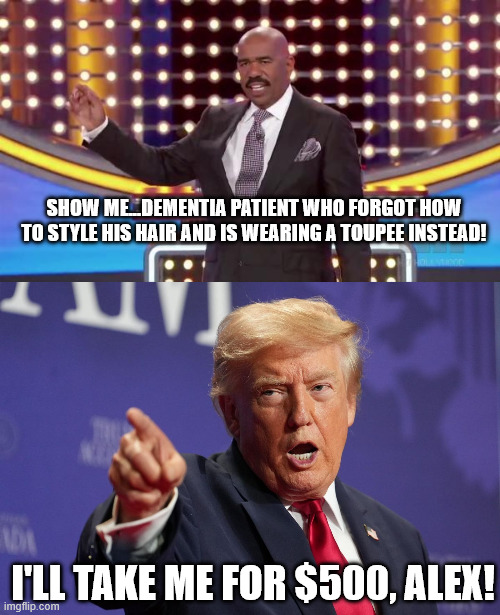 Show me...dementia patient who forgot how to style his hair and is wearing a toupee instead! I'll take me for $500, Alex! | image tagged in family feud | made w/ Imgflip meme maker