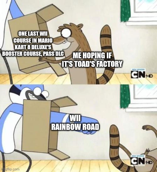 Why Nintendo? | One last wii course in mario kart 8 deluxe's booster course, pass DLC; Me hoping if it's toad's factory; Wii rainbow road | image tagged in mordecai punches rigby through a box | made w/ Imgflip meme maker