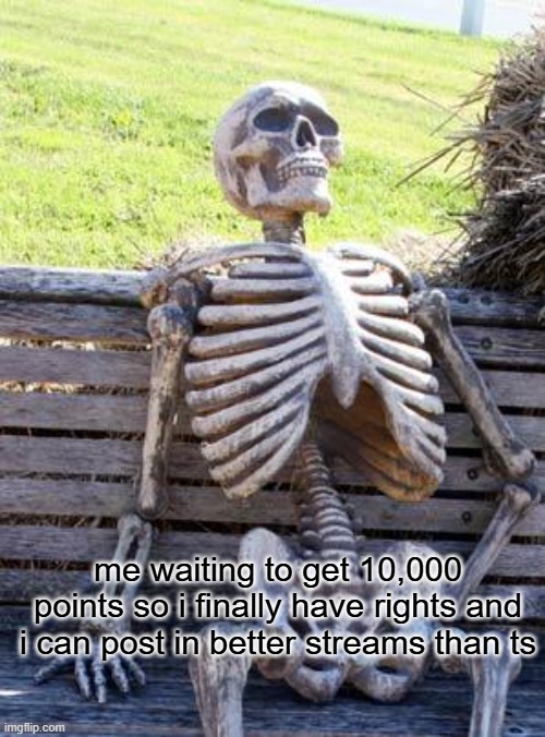i just want to post in msmg and history memes bruh | me waiting to get 10,000 points so i finally have rights and i can post in better streams than ts | image tagged in memes,waiting skeleton | made w/ Imgflip meme maker