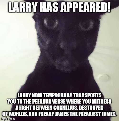 Larrrerrrryyyyyyyyyyyyyyyy | Larry has appeared! Larry now temporarily transports you to the peenaur verse where you witness a fight between Cornelius, destroyer of worlds, and freaky james the freakiest James. | image tagged in evil larry | made w/ Imgflip meme maker