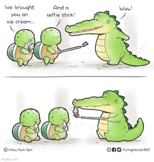 Buddy Gator | image tagged in comics,buddy gator,turtles,ice cream,selfie stick,resourceful | made w/ Imgflip meme maker
