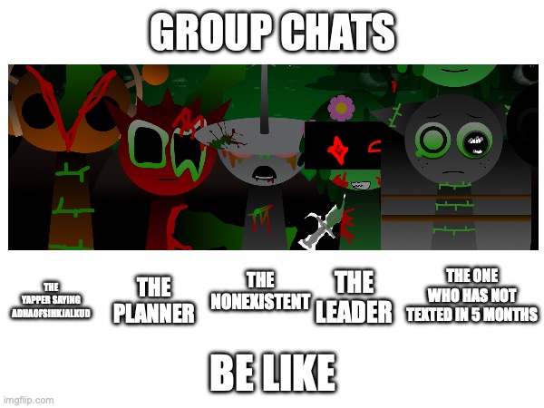 anyone's group chat like this? | GROUP CHATS; THE YAPPER SAYING adhaofsihkjalkud; the nonexistent; the one who has not texted in 5 months; The Leader; the PLANNER; BE LIKE | image tagged in group chats,sprunki | made w/ Imgflip meme maker