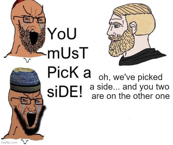 Call it our lil way of "bringing people together" | oh, we've picked a side... and you two 
are on the other one | made w/ Imgflip meme maker