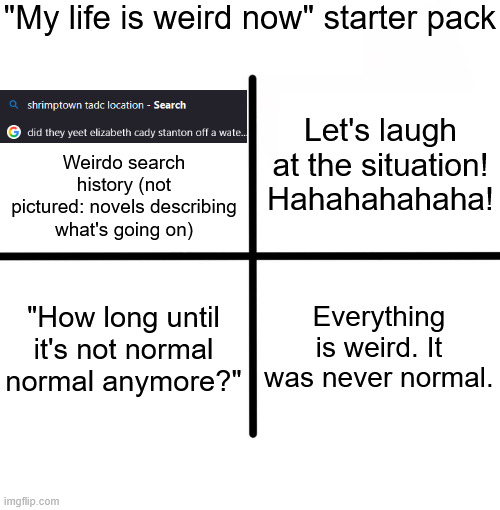 Past chaos, present chaos, future chaos, and your brain making more chaos | "My life is weird now" starter pack; Let's laugh at the situation! Hahahahahaha! Weirdo search history (not pictured: novels describing what's going on); "How long until it's not normal normal anymore?"; Everything is weird. It was never normal. | image tagged in memes,blank starter pack | made w/ Imgflip meme maker