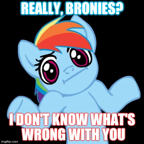 Pony Shrugs Meme | REALLY, BRONIES? I DON'T KNOW WHAT'S WRONG WITH YOU | image tagged in memes,pony shrugs | made w/ Imgflip meme maker