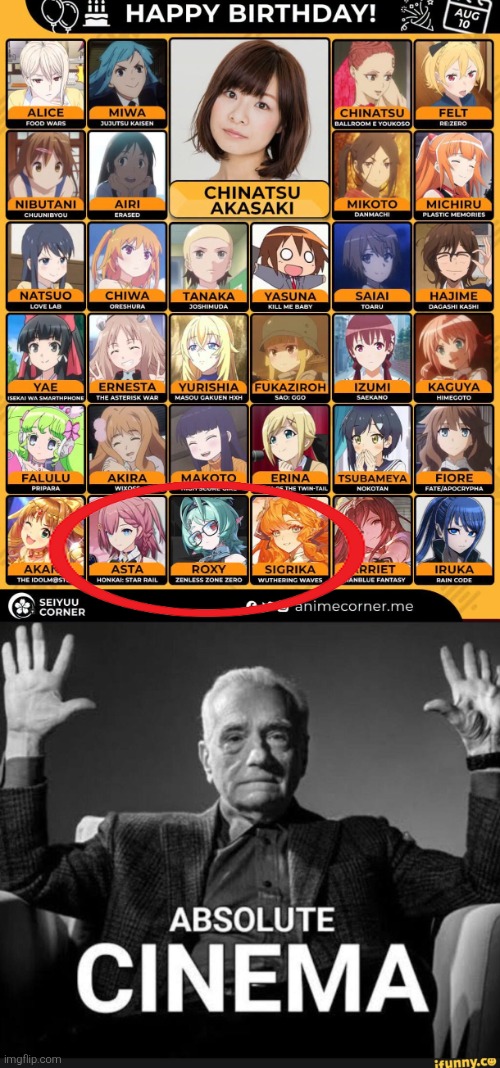 All three from the famous Gacha Games. Nice! | image tagged in absolute cinema,honkai star rail,zenless zone zero,wuthering waves,same voice actor | made w/ Imgflip meme maker