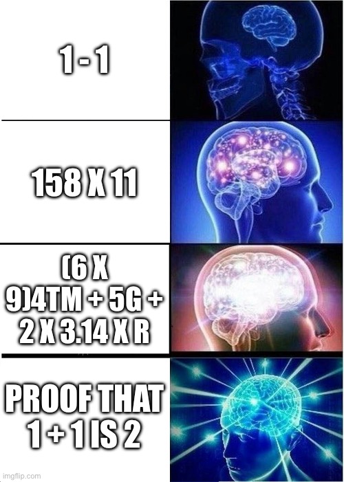 Expanding Brain Meme | 1 - 1; 158 x 11; (6 x 9)4tm + 5g + 2 x 3.14 x r; Proof that 1 + 1 is 2 | image tagged in memes,expanding brain | made w/ Imgflip meme maker
