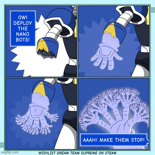 image tagged in scientist,robot,hand,injury,nanobots,cursed | made w/ Imgflip meme maker