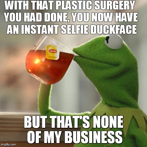 But That's None Of My Business | WITH THAT PLASTIC SURGERY YOU HAD DONE, YOU NOW HAVE  AN INSTANT SELFIE DUCKFACE BUT THAT'S NONE OF MY BUSINESS | image tagged in memes,but thats none of my business,kermit the frog | made w/ Imgflip meme maker