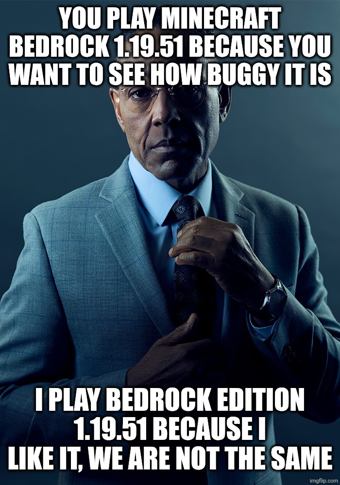 We are not the same | You play minecraft bedrock 1.19.51 because you want to see how buggy it is; I play bedrock edition 1.19.51 because i like it, we are not the same | image tagged in we are not the same | made w/ Imgflip meme maker