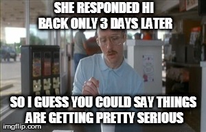 So I Guess You Can Say Things Are Getting Pretty Serious | SHE RESPONDED HI BACK ONLY 3 DAYS LATER SO I GUESS YOU COULD SAY THINGS ARE GETTING PRETTY SERIOUS | image tagged in memes,so i guess you can say things are getting pretty serious | made w/ Imgflip meme maker