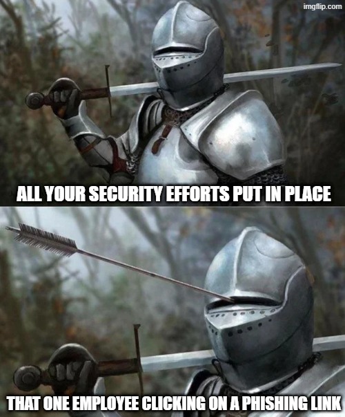 Medieval Knight with Arrow In Eye Slot | ALL YOUR SECURITY EFFORTS PUT IN PLACE; THAT ONE EMPLOYEE CLICKING ON A PHISHING LINK | image tagged in medieval knight with arrow in eye slot | made w/ Imgflip meme maker