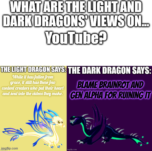 Dragon views | YouTube? While it has fallen from grace, it still has those few content creators who put their heart and soul into the videos they make. BLAME BRAINROT AND GEN ALPHA FOR RUINING IT | image tagged in dragon views,youtube,dragonvale | made w/ Imgflip meme maker
