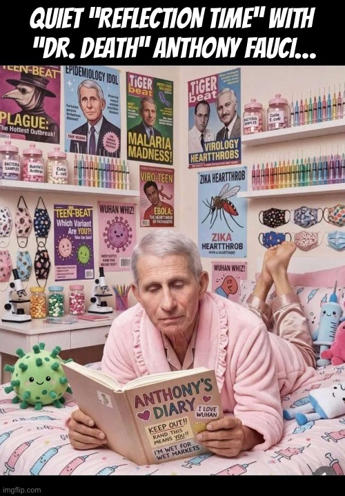 This isn’t a far-fetched scenario | Quiet “reflection time” with 
“Dr. Death” Anthony Fauci… | image tagged in political meme,fauci,bedroom,narcissist,diary,pastels | made w/ Imgflip meme maker