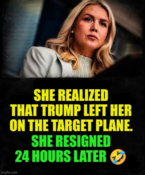 A dose of reality | She realized that Trump left her on the target plane. She resigned 24 hours later 🤣 | image tagged in trump,gop,maga,nazis,fascists,karoline leavitt | made w/ Imgflip meme maker