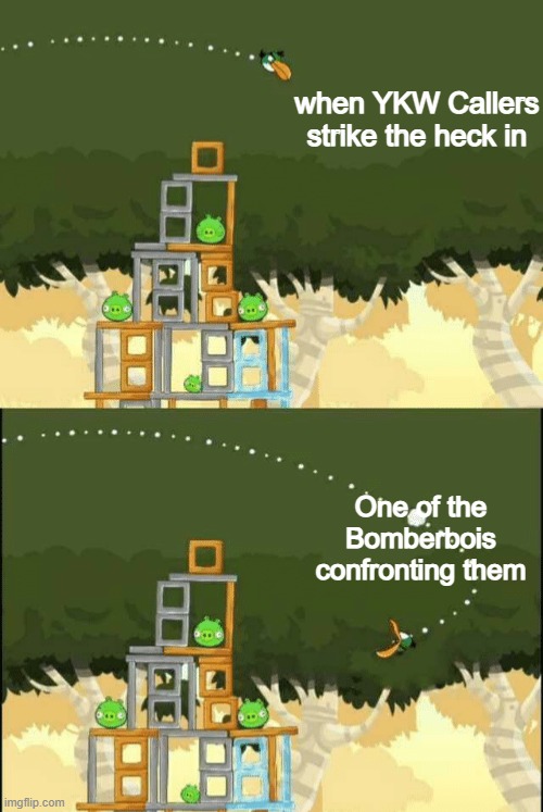 bromberman | when YKW Callers strike the heck in; One of the Bomberbois confronting them | image tagged in angry birds hal but | made w/ Imgflip meme maker