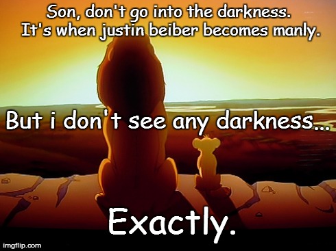 Lion King | Son, don't go into the darkness. It's when justin beiber becomes manly. But i don't see any darkness... Exactly. | image tagged in memes,lion king | made w/ Imgflip meme maker