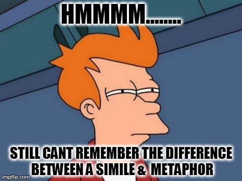 Futurama Fry Meme | HMMMM........ STILL CANT REMEMBER THE DIFFERENCE BETWEEN A SIMILE &  METAPHOR | image tagged in memes,futurama fry | made w/ Imgflip meme maker