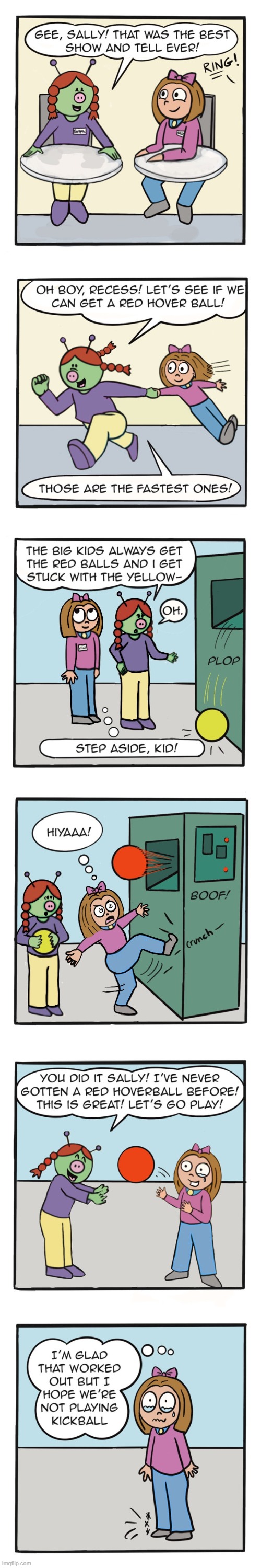 image tagged in human,sally,alien,ball,machine,kick | made w/ Imgflip meme maker