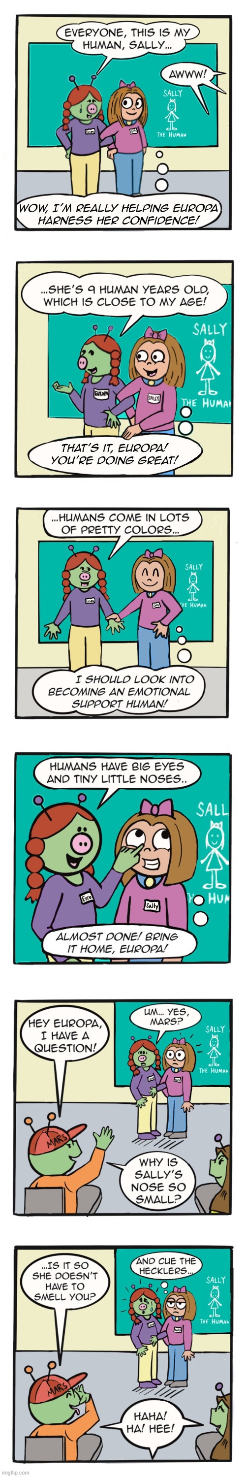 image tagged in human,sally,aliens,school,show and tell,bully | made w/ Imgflip meme maker
