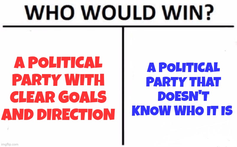 Who Would Win? Meme | A political party with clear goals and direction A political party that doesn't know who it is | image tagged in memes,who would win | made w/ Imgflip meme maker