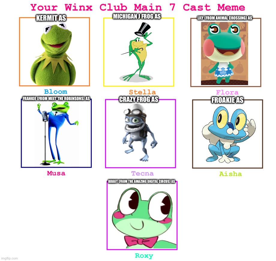 The Froggy Winx Club | Lily (from animal crossing) as; Michigan J Frog as; Kermit as; Frankie (from Meet the Robinsons) as; Crazy Frog as; Froakie as; Ribbit (from the amazing digital circus) as | image tagged in 7 winx club cast meme,kermit the frog,ribbit,frogs,frankie,lily | made w/ Imgflip meme maker