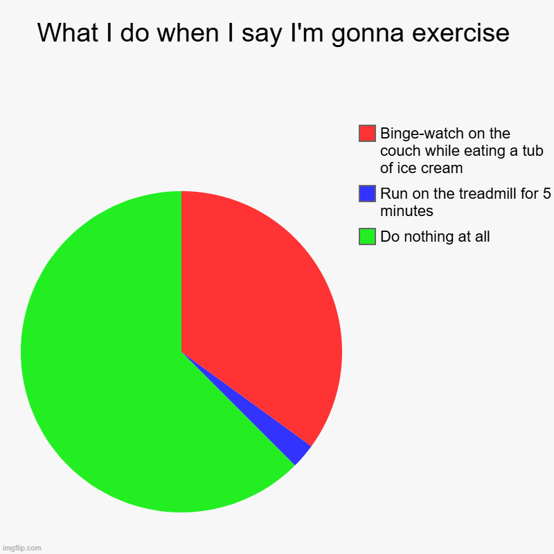 What a healthy lifestyle | What I do when I say I'm gonna exercise | Do nothing at all, Run on the treadmill for 5 minutes, Binge-watch on the couch while eating a tub | image tagged in charts,pie charts,memes,funny | made w/ Imgflip chart maker