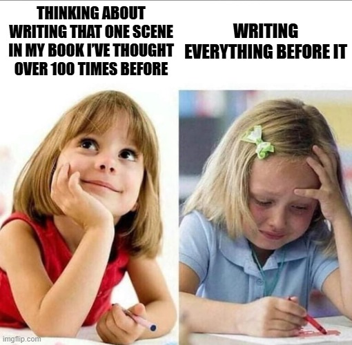 Ugh... | Thinking about writing that one scene in my book I’ve thought over 100 times before; Writing everything before it | image tagged in thinking about / actually doing it,remix | made w/ Imgflip meme maker