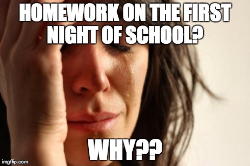 First World Problems | HOMEWORK ON THE FIRST NIGHT OF SCHOOL?  WHY?? | image tagged in memes,first world problems | made w/ Imgflip meme maker