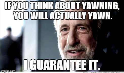 I Guarantee It Meme | IF YOU THINK ABOUT YAWNING, YOU WILL ACTUALLY YAWN. I GUARANTEE IT. | image tagged in memes,i guarantee it | made w/ Imgflip meme maker