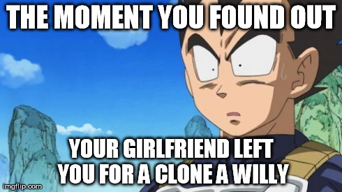 Surprized Vegeta Meme | THE MOMENT YOU FOUND OUT YOUR GIRLFRIEND LEFT YOU FOR A CLONE A WILLY | image tagged in memes,surprized vegeta | made w/ Imgflip meme maker