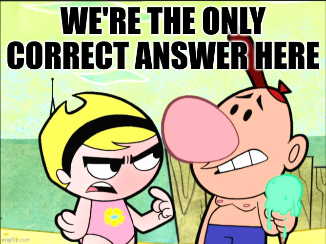 We're the only correct answer here | image tagged in billy and mandy at the beach | made w/ Imgflip meme maker