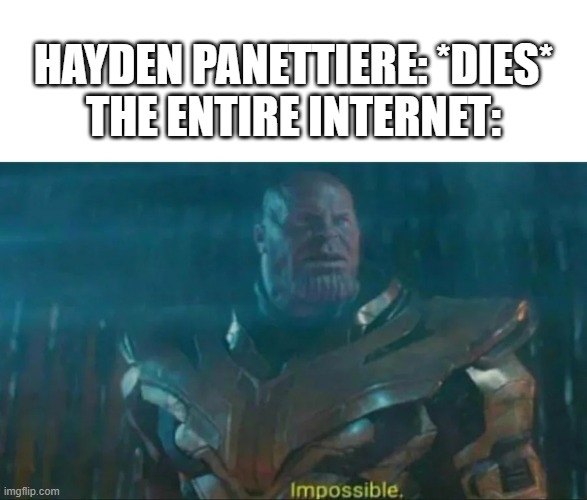 I found out that Hayden Panettiere died | Hayden Panettiere: *dies*
The entire internet: | image tagged in thanos impossible,memes,funny | made w/ Imgflip meme maker