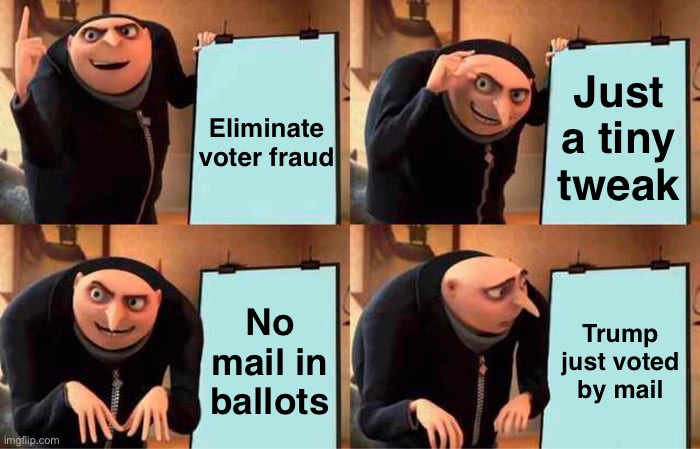 Gru's Plan Meme | Eliminate voter fraud; Just a tiny tweak; No mail in ballots; Trump just voted by mail | image tagged in memes,gru's plan | made w/ Imgflip meme maker