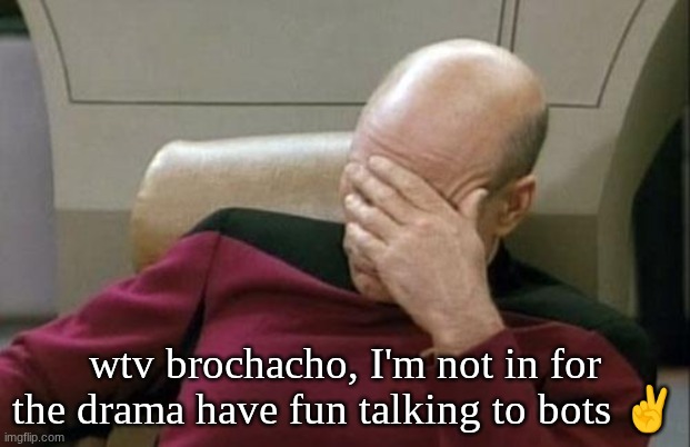 Captain Picard Facepalm Meme | wtv brochacho, I'm not in for the drama have fun talking to bots ✌️ | image tagged in memes,captain picard facepalm | made w/ Imgflip meme maker