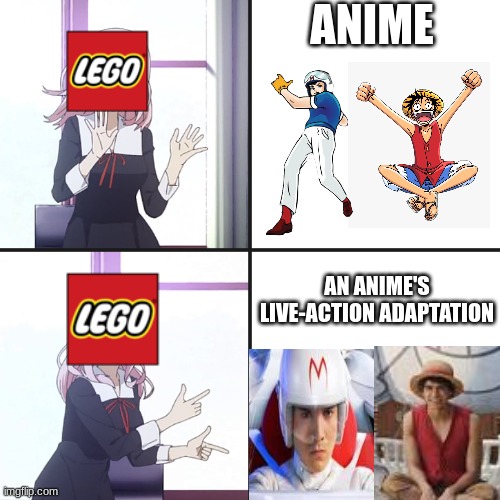 anime memes until halloween (week 13, speed racer) | anime; an anime's live-action adaptation | image tagged in chika yes no,speed racer,lego,one piece | made w/ Imgflip meme maker