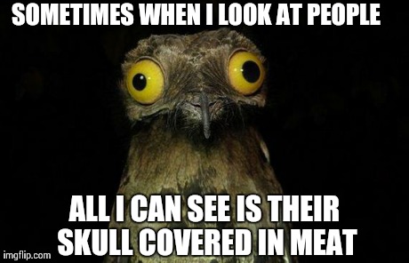 Weird Stuff I Do Potoo Meme | SOMETIMES WHEN I LOOK AT PEOPLE  ALL I CAN SEE IS THEIR SKULL COVERED IN MEAT | image tagged in memes,weird stuff i do potoo,AdviceAnimals | made w/ Imgflip meme maker