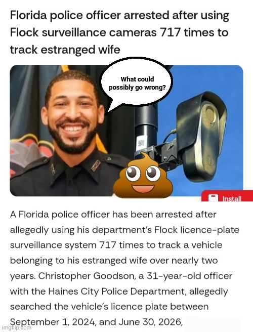 Flock camera stalker headed to prison | What could possibly go wrong? | image tagged in screenshot_20260820_093012_chrome jpg,flock cameras,useless for legit law enforcement,perfect for stalking | made w/ Imgflip meme maker