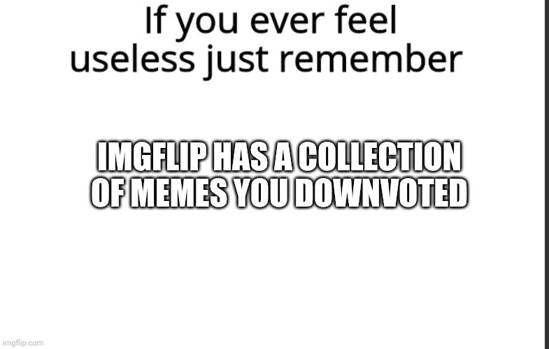 Da_Title_06 | Imgflip has a collection of memes you downvoted | image tagged in if you ever feel useless remember this | made w/ Imgflip meme maker