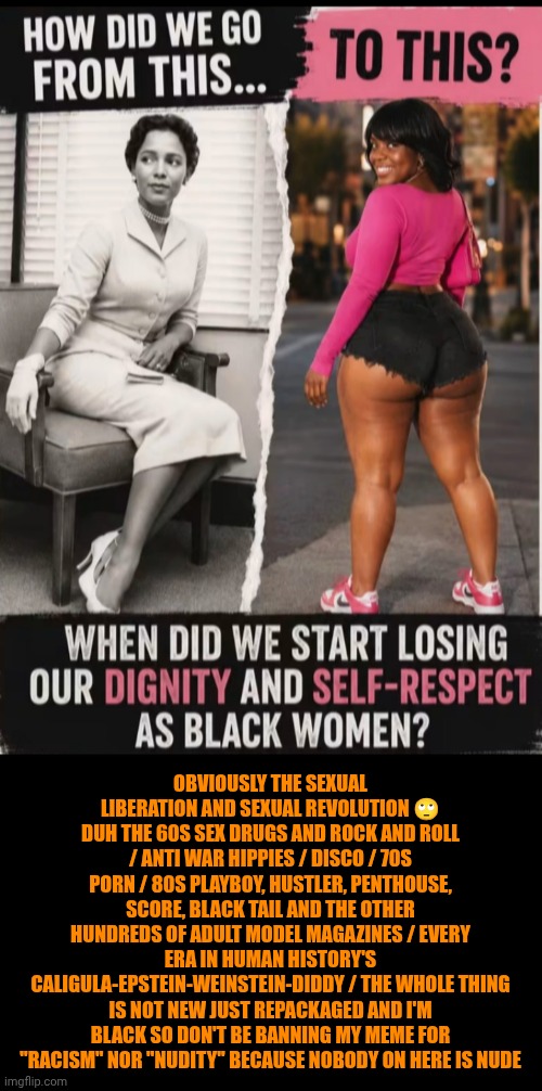 Funny | Obviously the sexual liberation and sexual revolution 🙄 Duh The 60s Sex Drugs and Rock and Roll / anti war hippies / Disco / 70s porn / 80s playboy, hustler, penthouse, score, black tail and the other hundreds of adult model magazines / every era in human history's Caligula-Epstein-Weinstein-Diddy / the whole thing is not new just repackaged and I'm black so don't be banning my meme for "racism" nor "nudity" because nobody on here is nude | image tagged in funny,revolution,liberals,women rights,women be trippin',what the hell happened here | made w/ Imgflip meme maker