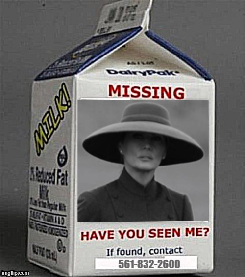 Missing Melania milk carton | image tagged in missing melania milk carton,mia,maga milk,melania mystery | made w/ Imgflip meme maker
