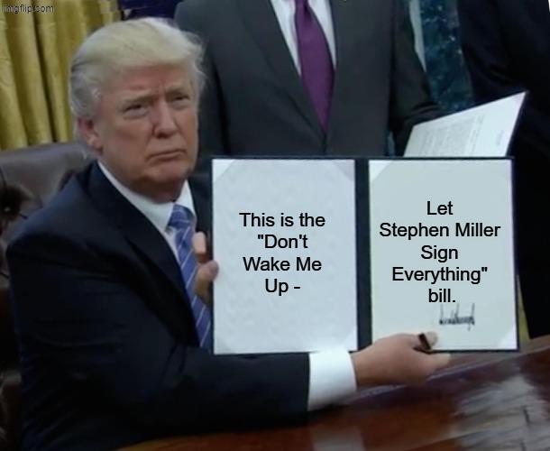 He's out of his mind. | This is the 
"Don't 
Wake Me 
Up -; Let 
Stephen Miller 
Sign 
Everything" 
bill. | image tagged in memes,trump bill signing,trump,sleepy,sleep,stephen miller | made w/ Imgflip meme maker