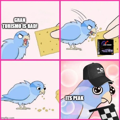 gran turismo | GRAN TURISMO IS BAD! its peak | image tagged in bird cracker blank | made w/ Imgflip meme maker