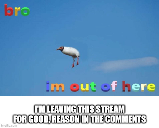 Bye | I'm Leaving this stream for good, reason in the comments | image tagged in bro i'm out of here | made w/ Imgflip meme maker