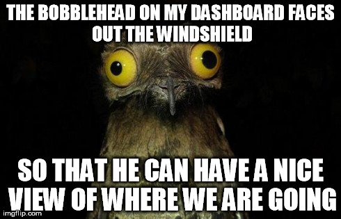 Weird Stuff I Do Potoo Meme | THE BOBBLEHEAD ON MY DASHBOARD
FACES OUT THE WINDSHIELD SO THAT HE CAN HAVE A NICE VIEW OF WHERE WE ARE GOING | image tagged in memes,weird stuff i do potoo,AdviceAnimals | made w/ Imgflip meme maker