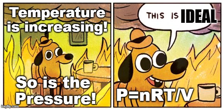 Ideal Gas Law in Action | Temperature
is increasing! Ideal; So is the 
Pressure! P=nRT/V | image tagged in this is fine,ideal gas,gas law,pressure,temperature | made w/ Imgflip meme maker