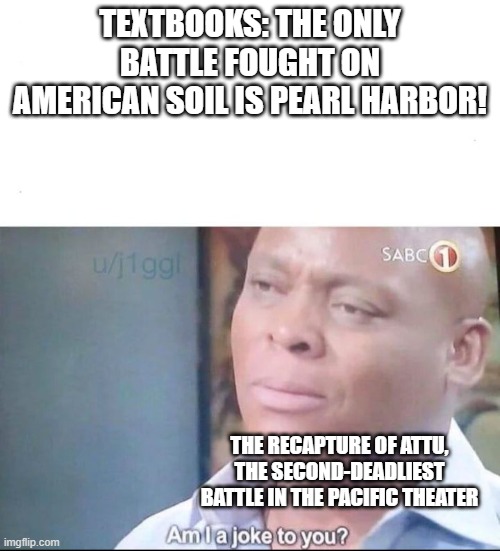 Second-deadliest per capita btw | Textbooks: The only battle fought on American soil is pearl harbor! The recapture of Attu, the second-deadliest battle in the pacific theater | image tagged in am i a joke to you,history,memes | made w/ Imgflip meme maker