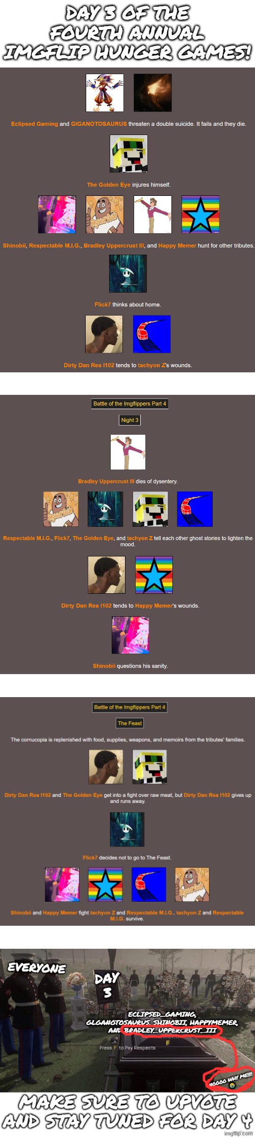 Day 3!!!! | Day 3 of the fourth annual imgflip hunger games! | image tagged in gifs,hunger games,imgflip,flick7,imgflip users,bradley uppercrust iii's hunger games | made w/ Imgflip meme maker