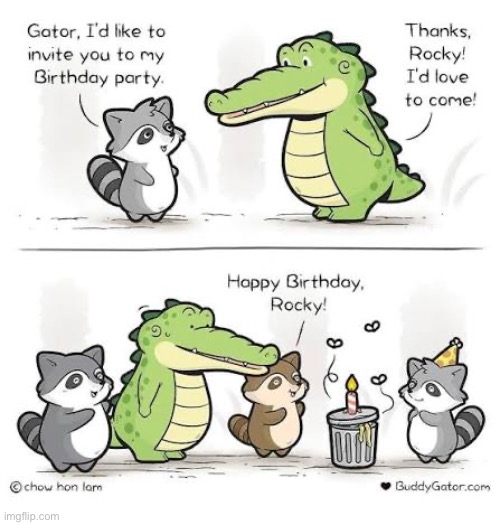 Buddy Gator | image tagged in comics,buddy gator,raccoon,birthday,garbage can,candle | made w/ Imgflip meme maker