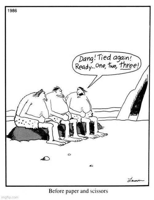 Another pointless game of “rock rock rock” | image tagged in the far side,comics,prehistoric,cavemen,rock paper scissors,before paper and scissors | made w/ Imgflip meme maker